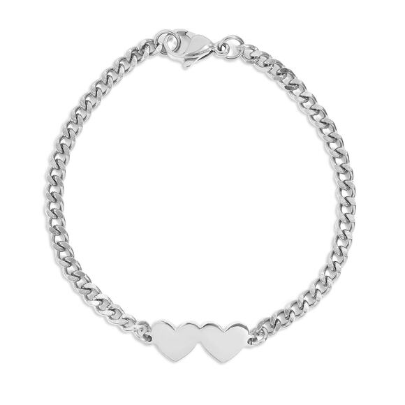 18K Silver PVD Stainless Steel Engravable 2 Hearts on Curb Chain Bracelet - Picture 1 of 4